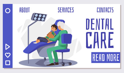 KIds dental care website banner interface template, flat vector illustration.