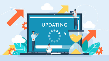 Software update or operating system. Updating progress bar. Installing app patch. Upgrade to keep the device up to date with added functionality in the new version. Flat design. Vector illustration. - obrazy, fototapety, plakaty