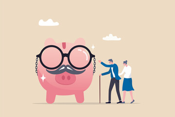 Retirement savings plan, pension fund or investment for elderly, 401k or financial asset for retiree, profit, earning and growth concept, elderly retiree couple stand with wealthy old aged piggy bank. - obrazy, fototapety, plakaty