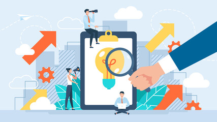 Research ideas. A person looks at the light bulb in search of ideas. Concept of generation of innovative ideas, creative thought, creativity and imagination. Flat cartoon illustration. Vector