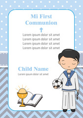 Card my first communion. Boy with soccer ball, bible and chalice