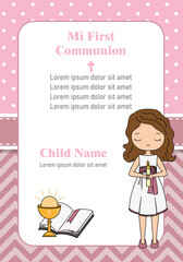Card my first communion. Little girl with a candle.