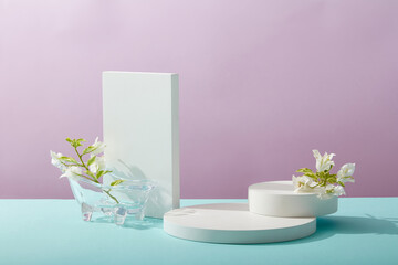 A front view of white and transparent podium decorated with flower and purple background with blank space for advertising 
