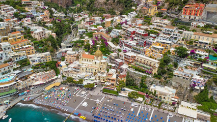 Aerial view of Positano Beach on a beautiful summer day.