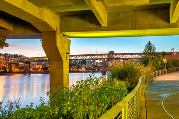 PORTLAND, OR - AUGUST 18, 2017: City buildlngs at night, view fr