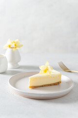 Homemade vanilla cheesecake with vanilla flower on white background - healthy organic summer dessert pie cheesecake. Cheesecake New York. Side view, copy space. Menu, recipe, confectionery