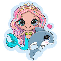 Cute cartoon mermaid with dolphin