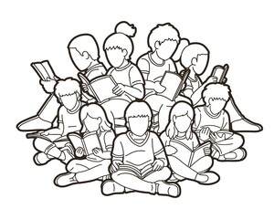 Group of Children Reading Books Cartoon Graphic Vector