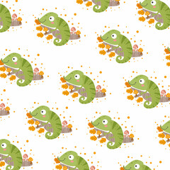 seamless repeating simple flat pattern with chameleons in scandinavian style on a white background. Cute baby animals. Pattern for kids with chameleon.