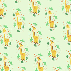 Seamless pattern with cute giraffe and leaves. Vector illustration