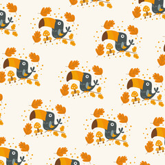 pattern with cute cartoon toucan bird on branch. Vector illustration for wallpaper, fabric, textile. Summer exotic print. Tropical toucan with brown leaves and mushrooms