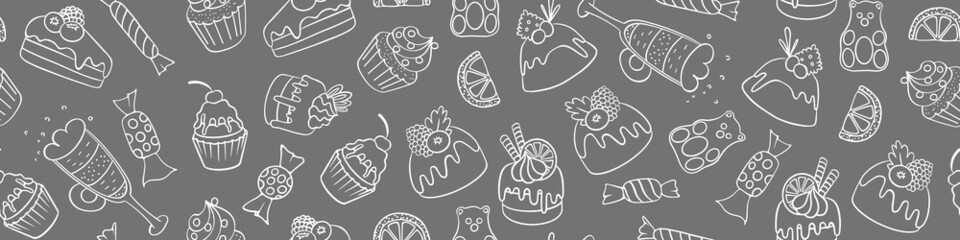 Seamless pattern with hand drawn desserts. Sweets and cupcakes on gray background. Vector illustration.