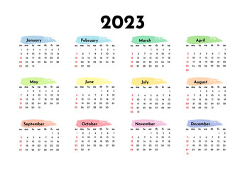 Calendar for 2023 isolated on a white background