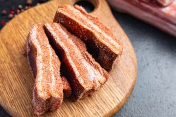 belly meat bacon piece meat fat lard fresh pork in spices fresh meal on the table copy space food background 