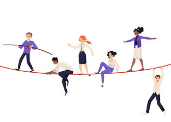 Business people balancing on tensed rope, flat vector illustration isolated.