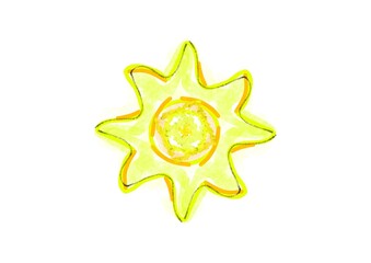 Yellow sun with rays painted on a white background.