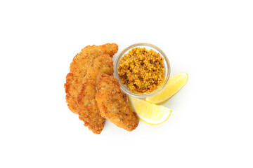 Concept of fast food with chicken strips isolated on white background