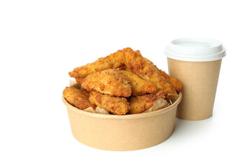 Concept of fast food with chicken strips isolated on white background