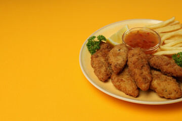 Concept of tasty food with Chicken strips, space for text