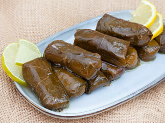 Dolmades on light plate with lemon slices in studio lit shot with ample copy space