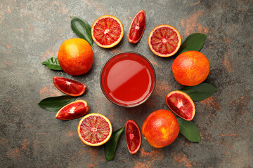 Concept of fresh drink with red orange juice