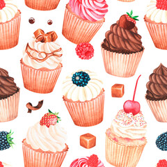 Cupcakes seamless pattern. Watercolor illustration. Isolated on a white background.