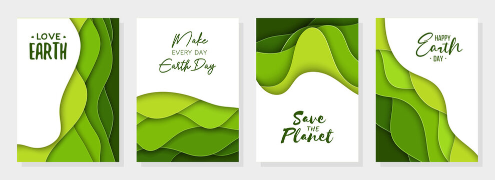 Set of 4 Earth Day abstract graphic organic paper cut shapes. Dynamical waves, fluid shapes. Green banners with flowing lines. Template for the design of a logo, flyer or presentation eco typography.
