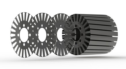 Rotor sheet metal stack used for squirrel cage asynchronous motor, 3D rendering isolated on white background © Madalin