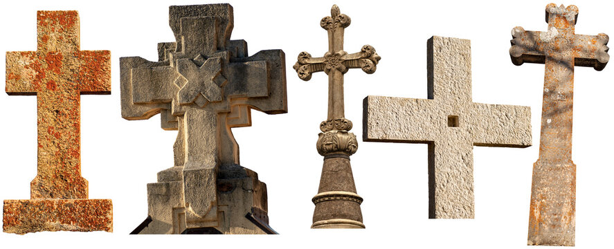 Collection of stone Religious Crosses isolated on white background, Italy, Europe.