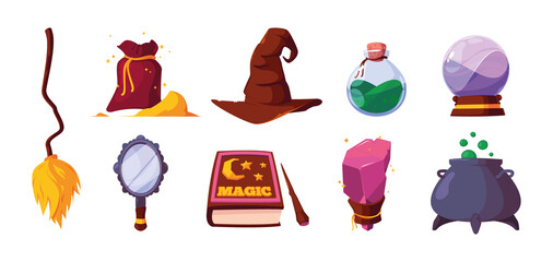 Wizzard artifacts. Colored glossy jewelry bottles and balls for magic spells garish vector cartoon crystals © ONYXprj