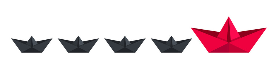 Paper boat. Red paper boat leads black paper ships. Vector illustration