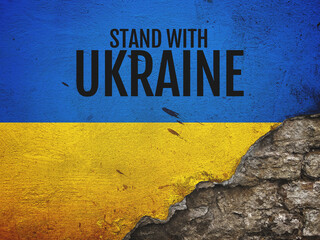 Stand with Ukraine message on worn old brick wall painted in colors of Ukrainian flag