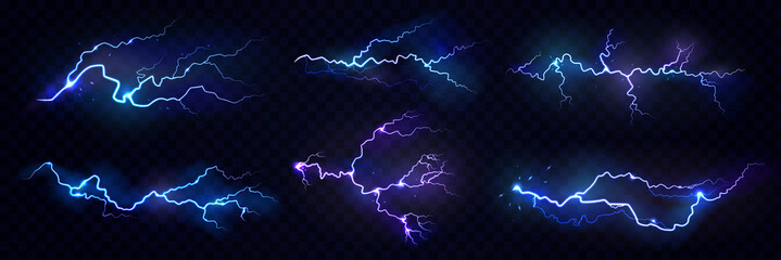 Realistic thunderstorm electric lightning effect with glowing and shining. Vector illustration, isolated thunderbolt flare on black background. Neon burst or dazzle at sky, weather condition - obrazy, fototapety, plakaty