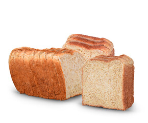Whole wheat bread slices on white background.