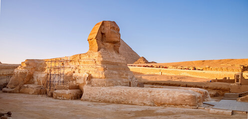 Restoration work for old Sphinx Cairo Egypt, sunset sky. Concept Protection of ancient cities and sights