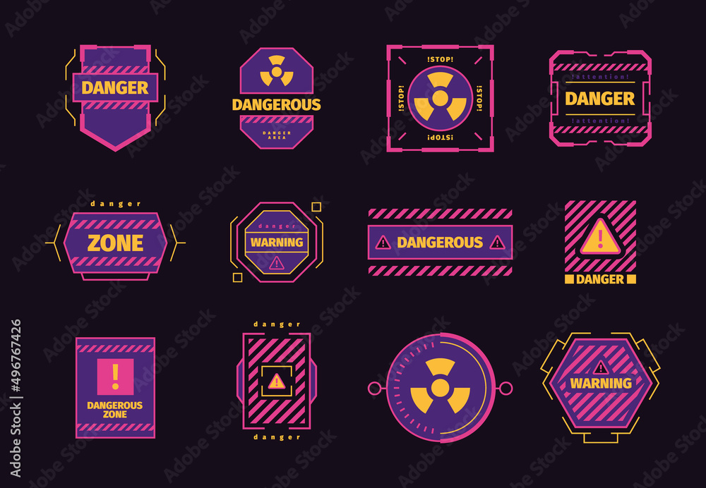 Poster danger hud. ui attention elements virus attack radar danger biohazard warning red frames with place 