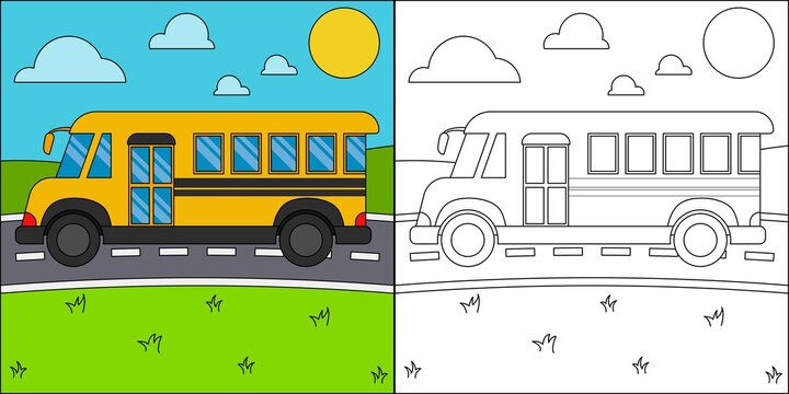 School bus on the highway suitable for children's coloring page vector illustration