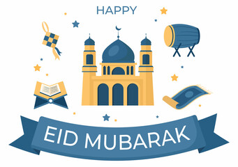 Happy Eid ul-Fitr Mubarak Cartoon Background Illustration with Pictures of Mosques, Ketupat, Bedug, and Others Suitable for Posters