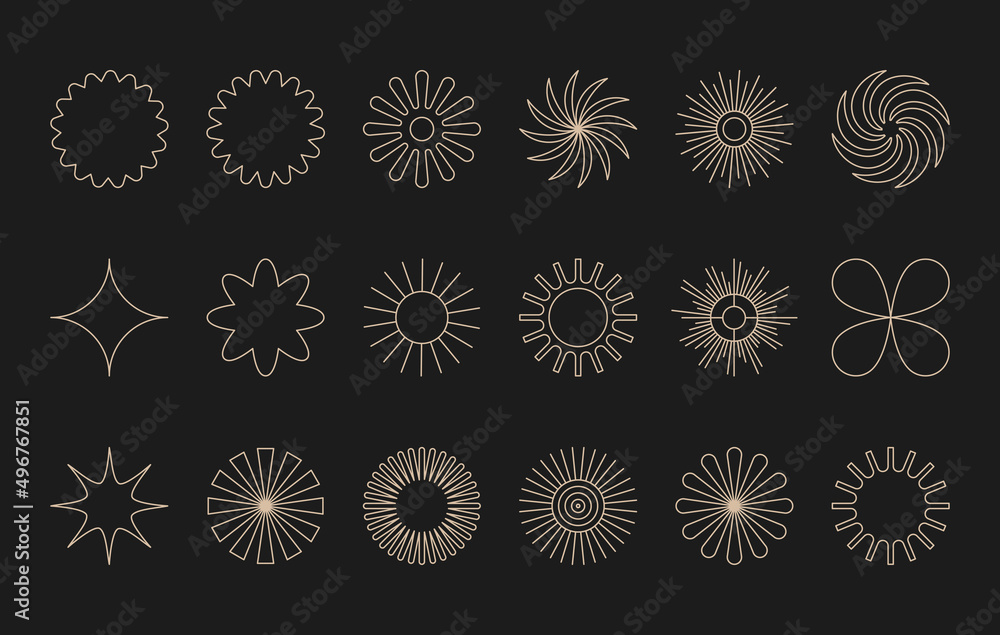 Poster Vector set of design elements and illustrations in simple flat linear style - sun symbols, abstract forms and shapes - logo design templates, badges and stickers for posters, prints, banners
