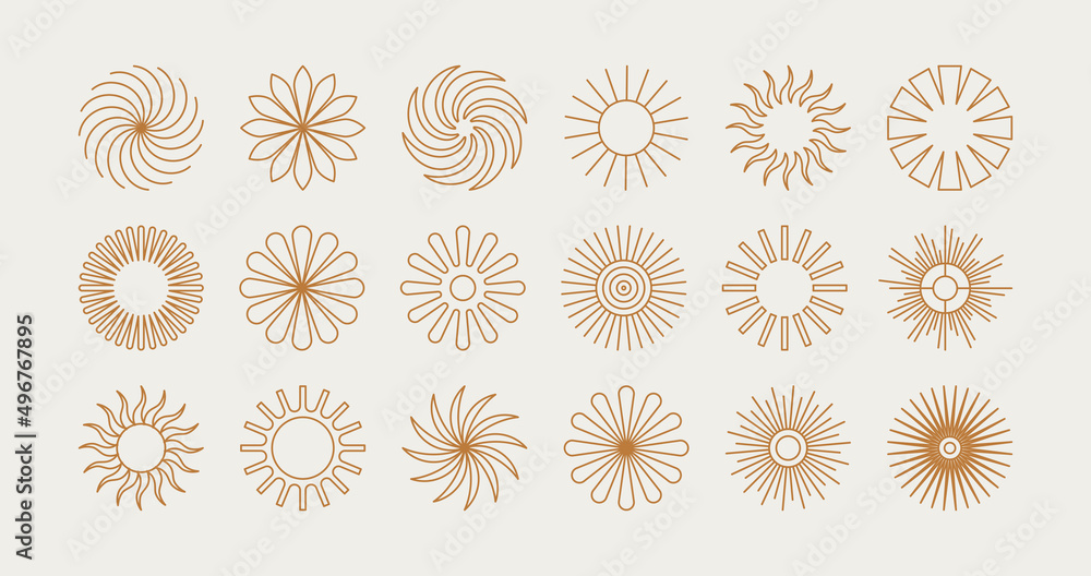 Poster Vector set of design elements and illustrations in simple flat linear style - sun symbols, abstract forms and shapes - logo design templates, badges and stickers for posters, prints, banners