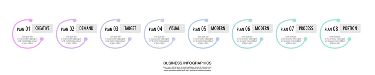 Business vector infographics with eight circles. Hand drawn timeline visualization with 8 steps for diagram, flowchart, banner, presentations, web, content, levels, chart, graphic