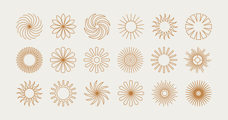 Fototapeta premium Vector set of design elements and illustrations in simple flat linear style - sun symbols, abstract forms and shapes - logo design templates, badges and stickers for posters, prints, banners