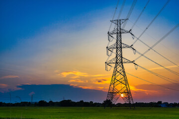 High voltage post,High voltage tower sky sunset background.