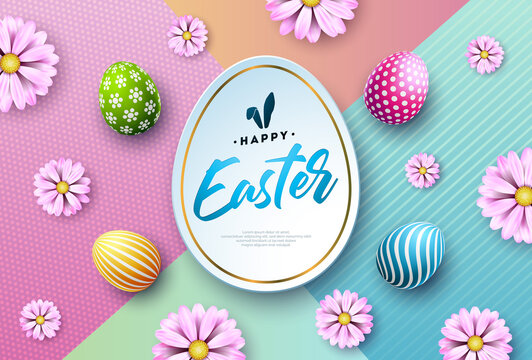 Happy Easter Illustration with Colorful Painted Egg, Spring Flower and Rabbit Ears Symbol on Abstract Pastel Background. International Holiday Design for Greeting Card, Party Invitation or Web Banner.