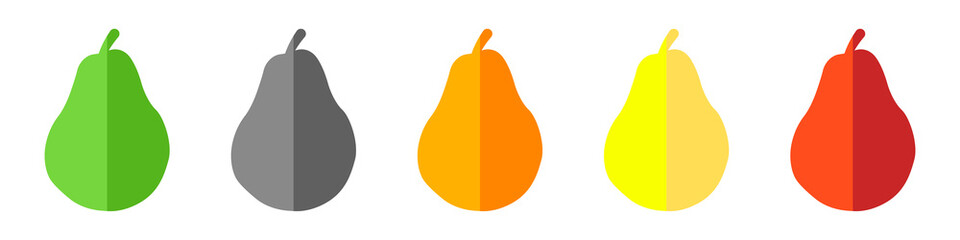 Pears bicolor vector set. Set of abstract pears in flat style. Colored fruit pear. Pear with halftone effect. Vector illustration.