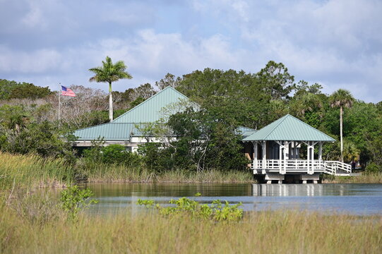 Ernest F Coe Visitor Center in Everglades National Park, Florida from Main Park Road on sunny spring morning..