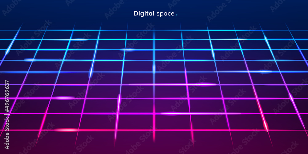 Poster Neon square lines background with light and shining effect, gradient colors. Vector realistic cartoon, digital space and cyberspace virtual reality prints or wallpaper with glowing