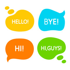 Greeting comic speech bubble icons vector isolated. Online chat clouds with words comment shapes Hi Hello Bye