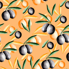 Black olives with leaves on orange watercolor seamless pattern. Template for decorating designs and illustrations.	
