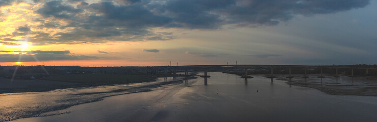 View of the River Orwell from a drone at sunset in Suffolk, UK